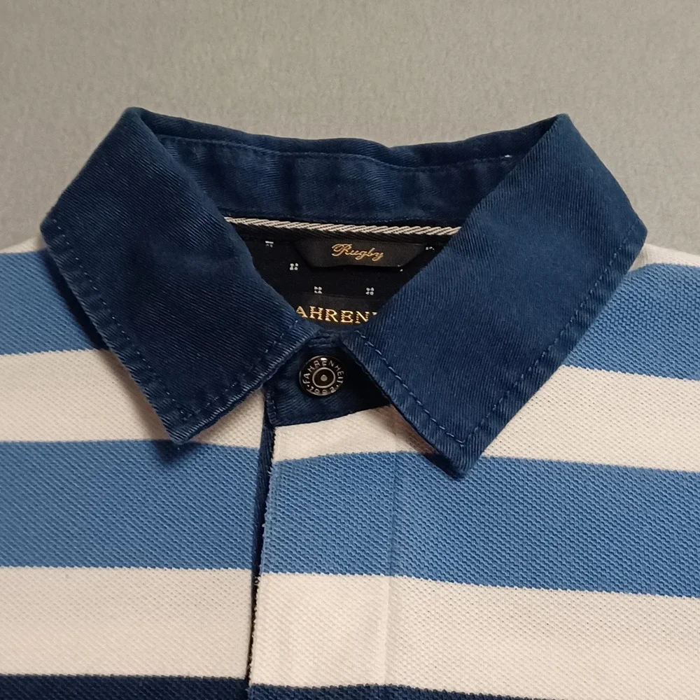 Fahrenheit Rugby Mens Blue White Striped Short Sleeve Polo Shirt Size M‎ Crest